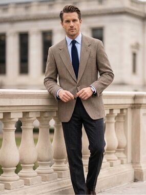 Donna Karan Hand Tailored Made in USA Vintage Couture Brown Plaid Blazer 40 Long